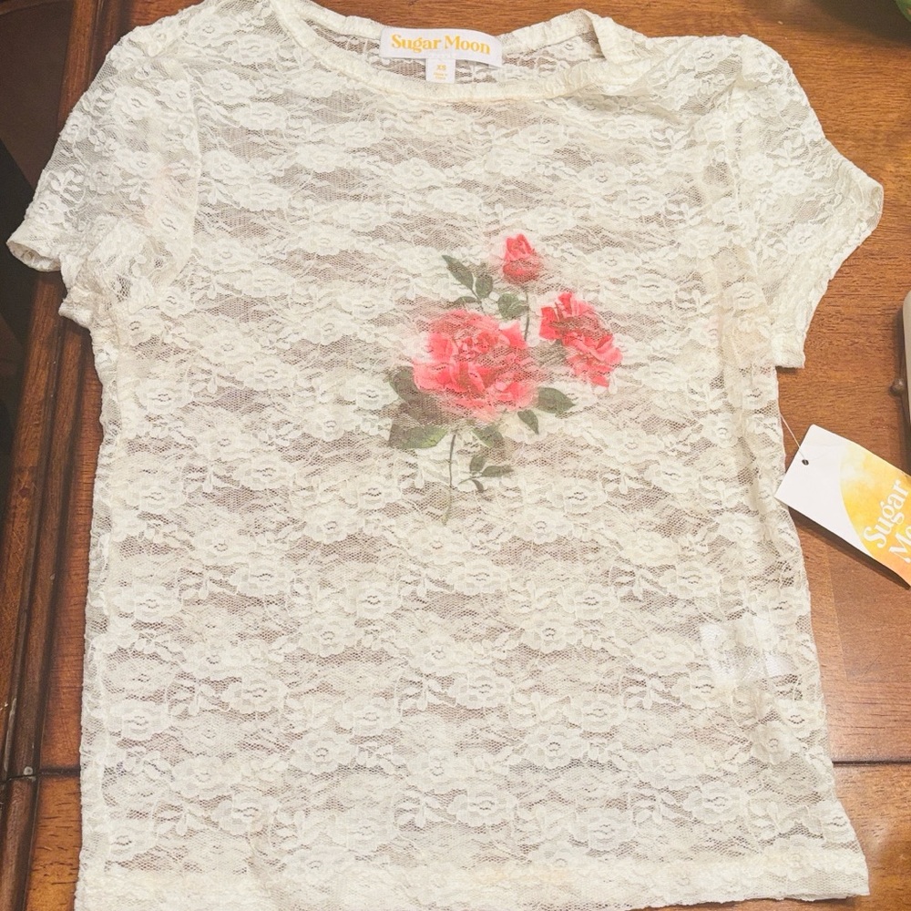 Lace Top with Pink Floral Design